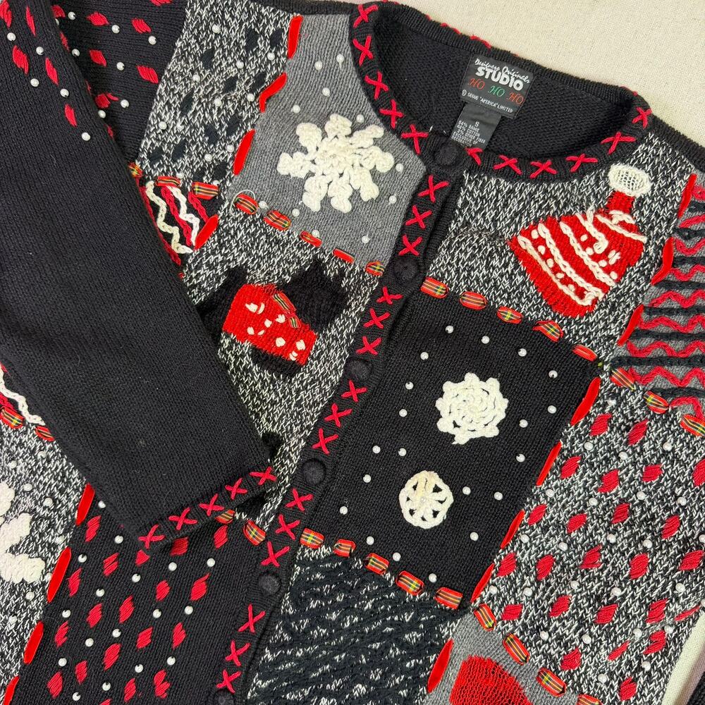 Vintage Ugly Christmas Sweater Patchwork Beaded Cardigan Chunky Knit Womens S
